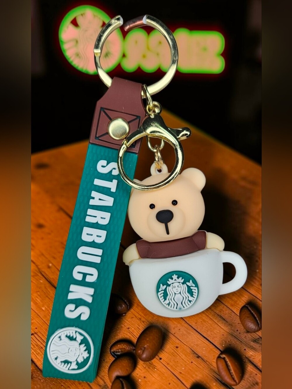 Starbucks Bear Cup Keychain With Green Strap NWT